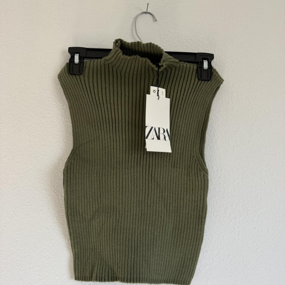 Zara Olive Green Ribbed Sleeveless Knit Top